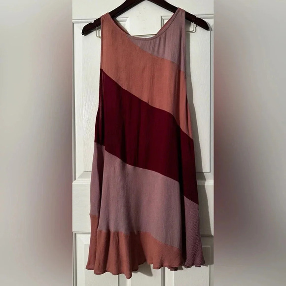 FREE PEOPLE Way of the World Tunic Asymmetrical Berry Tone Stripes LOW T Back M - Picture 4 of 11